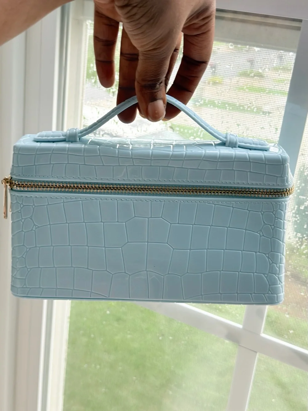 Light Blue Croc-Embossed Top-Handle Cosmetic Case